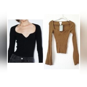 H&M Olive Green Ribbed Sweetheart Neckline Top Sweater XS NWT